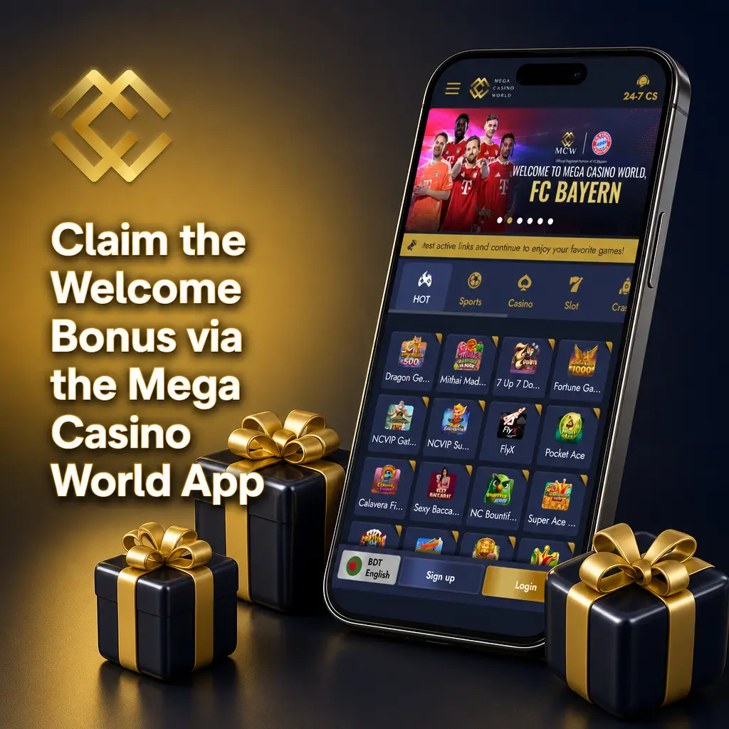 Mega Casino World app welcome bonus screen