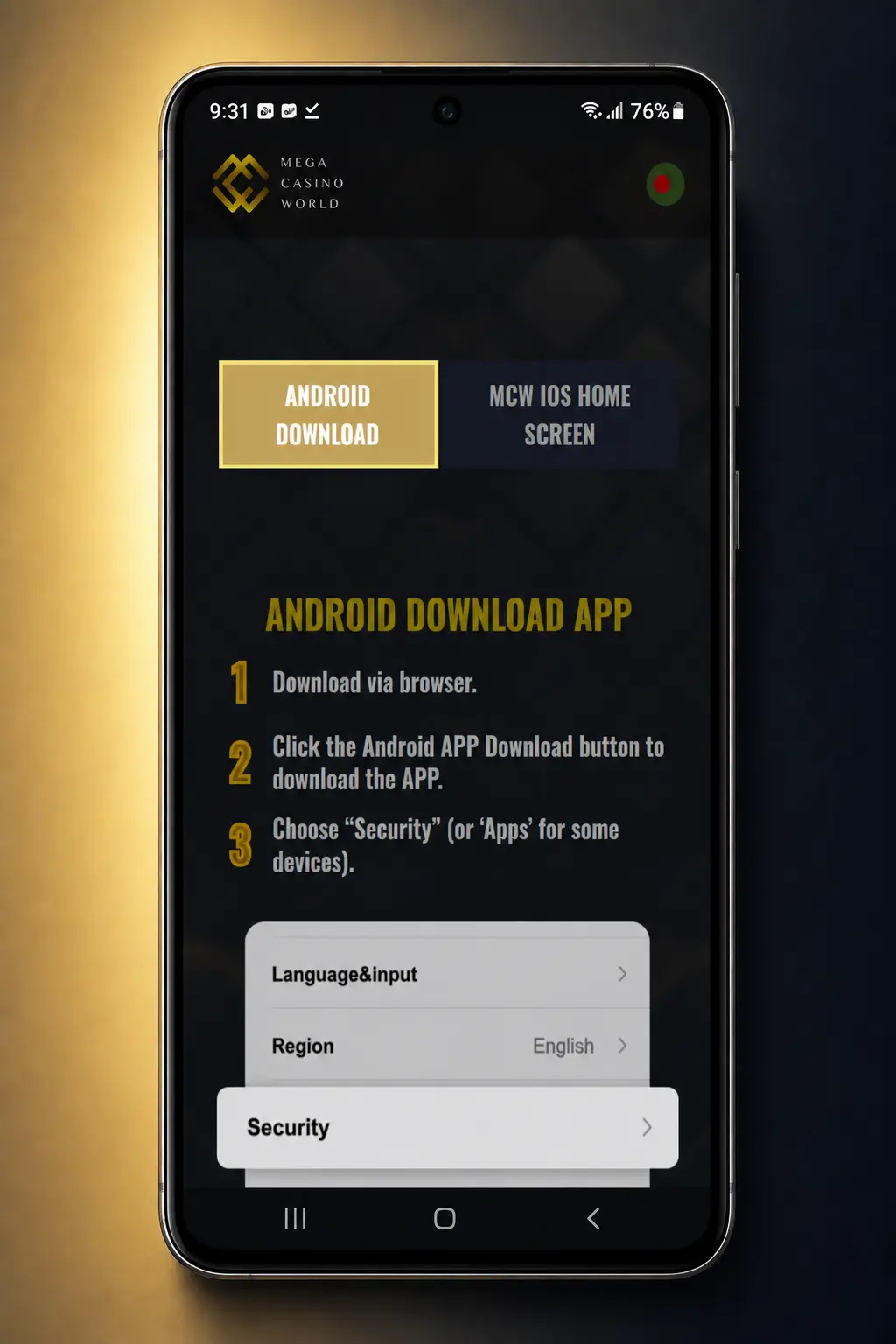 Mega Casino World Android app installation