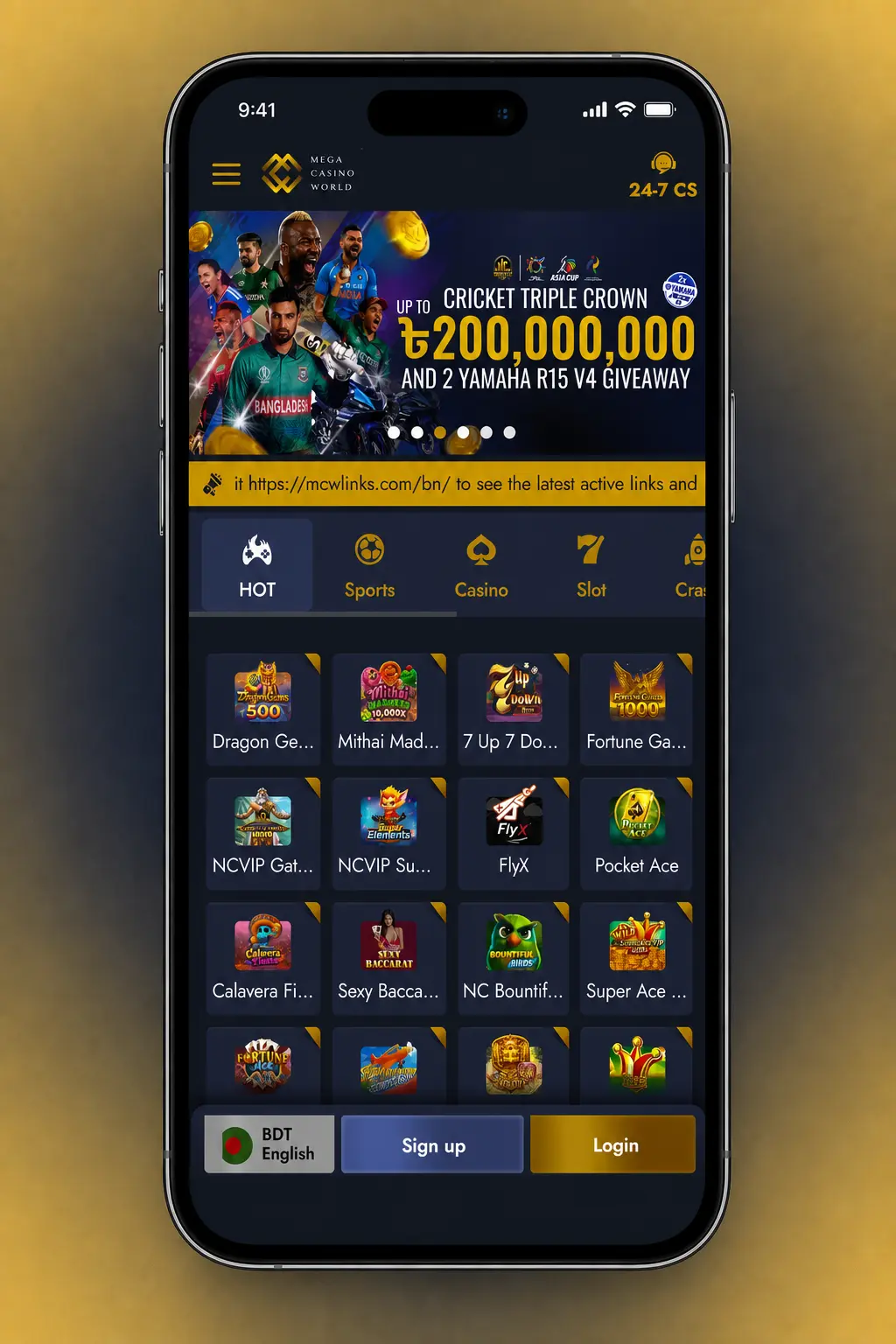 Mega Casino World app installed on an iPhone home screen