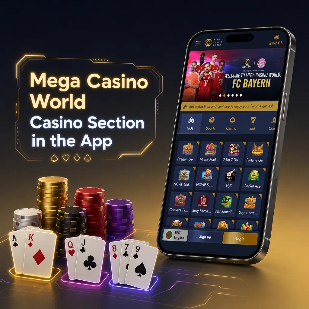 Mega Casino World casino section interface in the app
