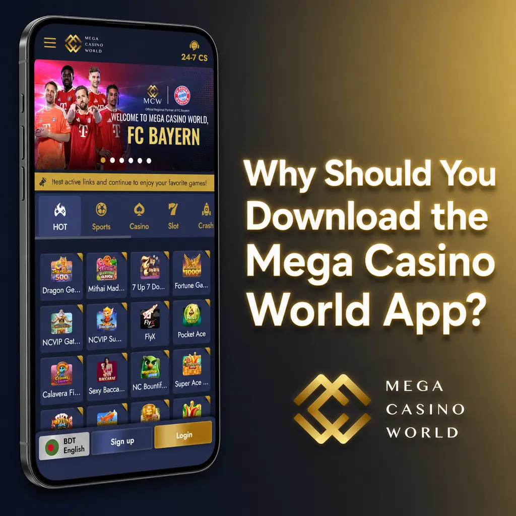 Mega Casino World app interface on a mobile phone